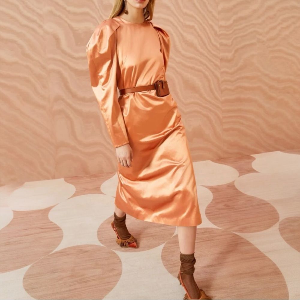 Ulla Johnson Metallic Copper‎ Midi Dress Size 4 Long Sleeve Italian Cotton $990
